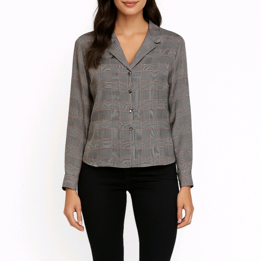 Talbots Petites Blouse Silk Black White Houndstooth Long Sleeve Button Up Size 8